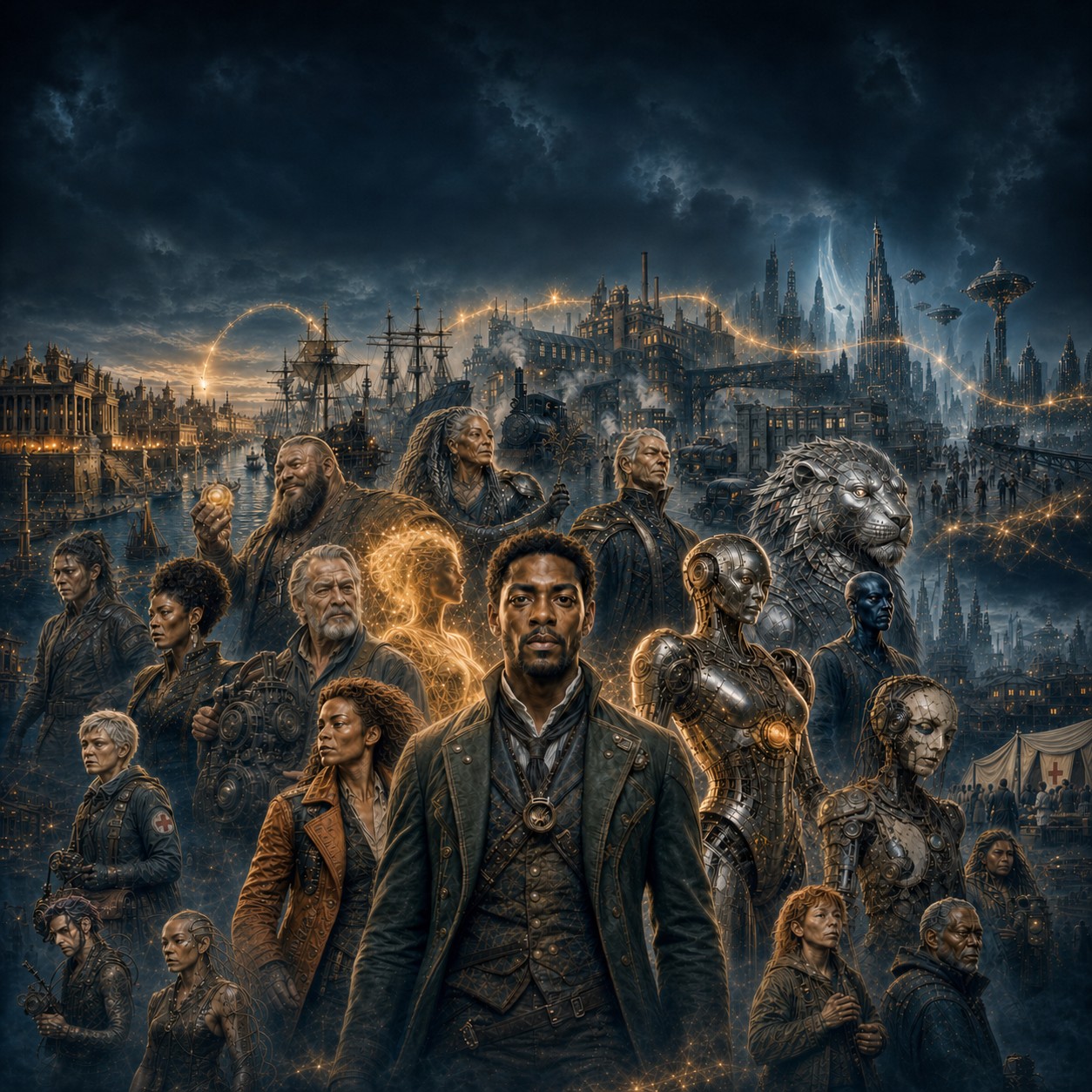 Sage Orange cover art: an ensemble of characters across eras beneath a night sky threaded with light.